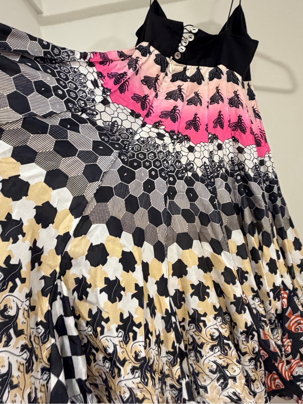 Pleated Mixed-Print Midi Skirt in Pink, Black & Cream